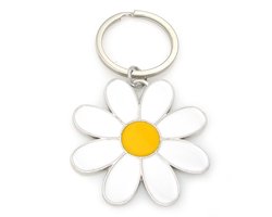 Sleutelhanger of tashanger met grote metalen bloem madelief wit geel met sleutelring