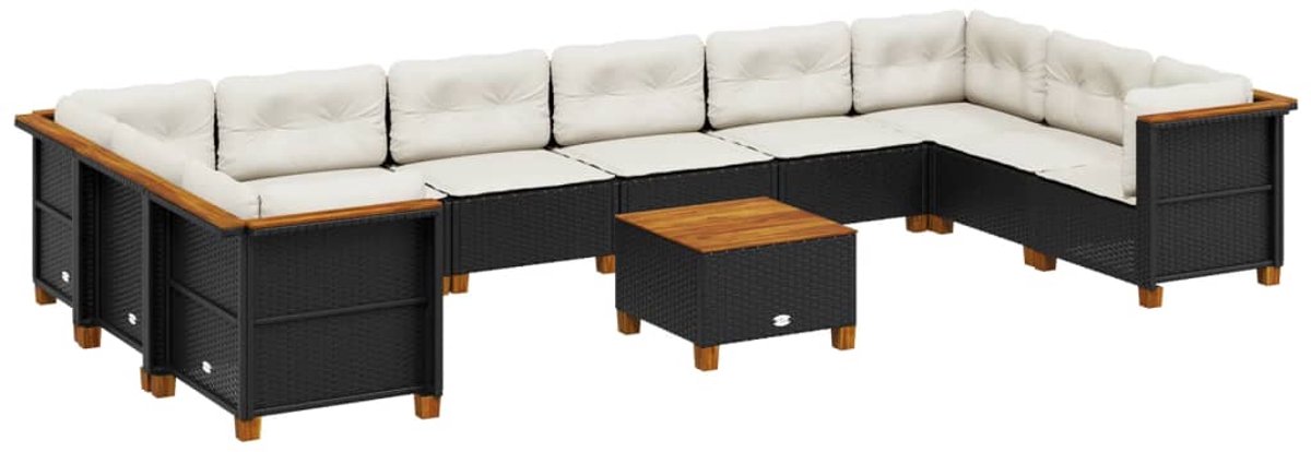 11-delige zwarte poly rattan loungeset met kussens - tuinmeubels buiten.