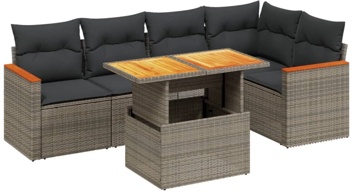 The Living Store 6-delige Loungeset met kussens poly rattan grijs - Loungebank - Lounge Set - Tuinset - Buitendecoratie - Tuinmeubels