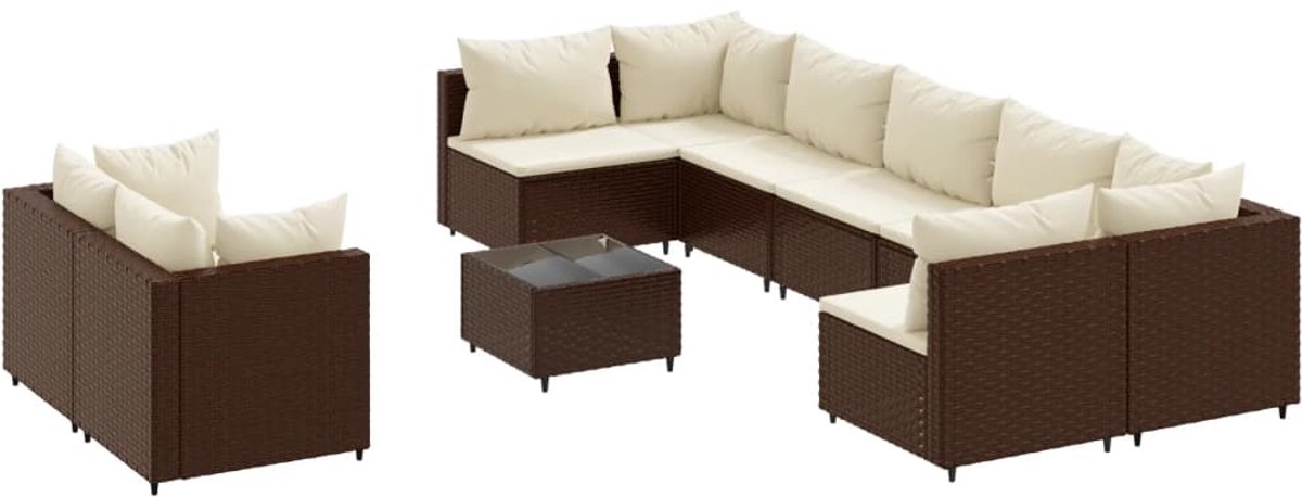 Bruine loungeset met kussens, poly rattan, tuinmeubels - The Living Store.