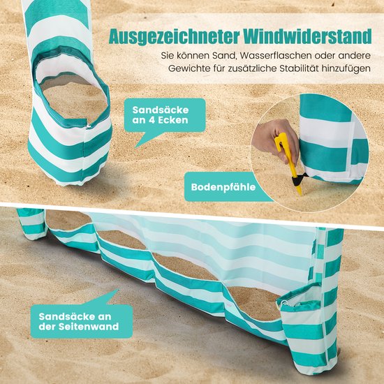 COSTWAY Zonwering met afneembare zijwand en 8 zandzakken, draagbare strandtent met draagtas, outdoor-schaduw voor strand, camping, picknick, 183 x 183 cm (wit-groen) van Merkloos — afbeelding 4