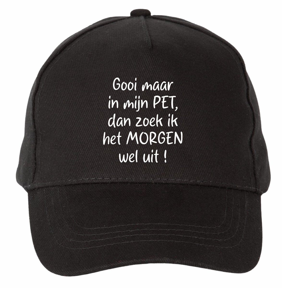 Mijncadeautje - 5 panel - Cap - Verstelbaar - Pet van 100% dik geborsteld katoen- unisex - opdruk wit - Gooi maar in mijn pet - zwart