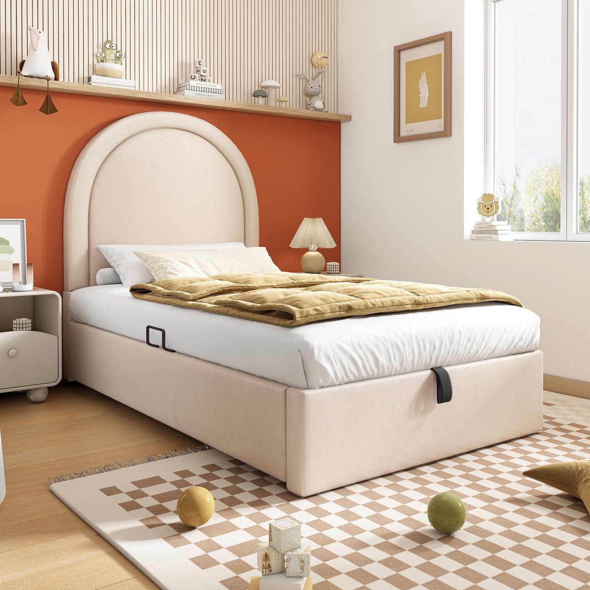 Kinderbed, Eenpersoonsbed Met Cosmisch Patroon, 90 x 190 cm, Beige, PU Voor Jongens & Meisjes (Zonder Matras)