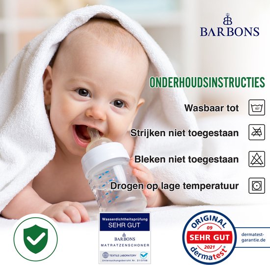 Baby met witte handdoek om. Met drukflesje en logo BARBONS.