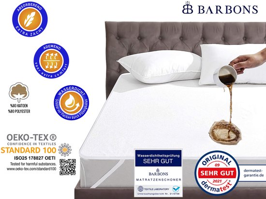 Witte matrasbeschermer, met koffie die erop wordt gegoten. Logo BARBONS.
