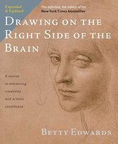 Boek 'Drawing on the Right Side of the Brain' met een potloodschets van een gezicht en de titel.