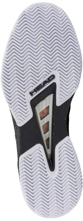 Zool van een zwarte tennis schoen met een visgraat profiel en een HEAD logo.