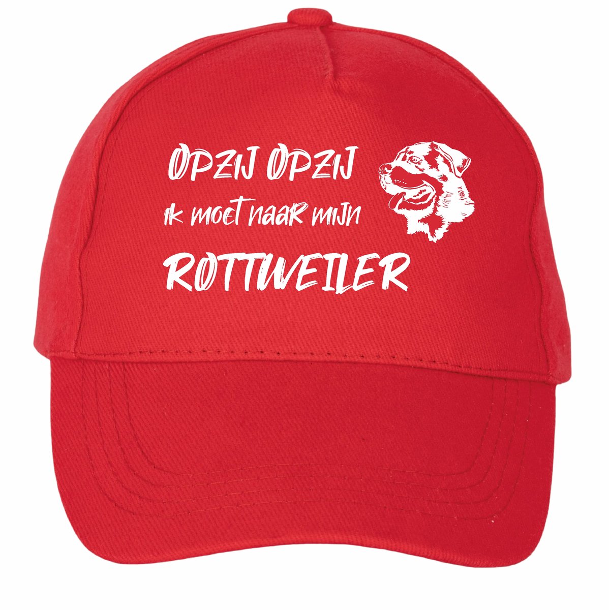 Mijncadeautje - 5 panel - Cap - Verstelbaar - Pet van 100% dik geborsteld katoen- unisex - opdruk wit - opzij opzij naar mijn rottweiler - rood