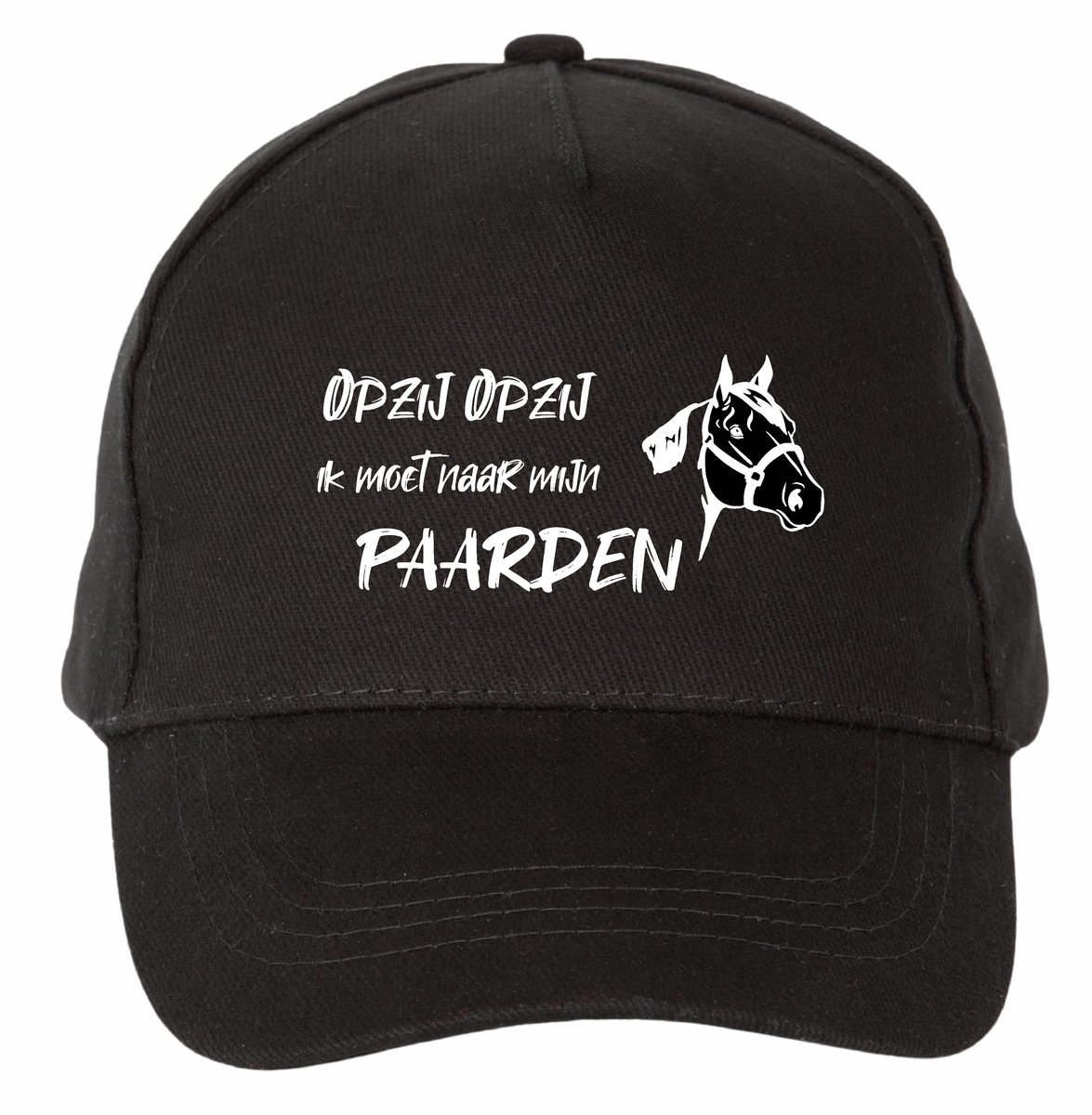 Mijncadeautje - 5 panel - Cap - Verstelbaar - Pet van 100% dik geborsteld katoen- unisex - opdruk wit - opzij opzij naar mijn paarden - zwart