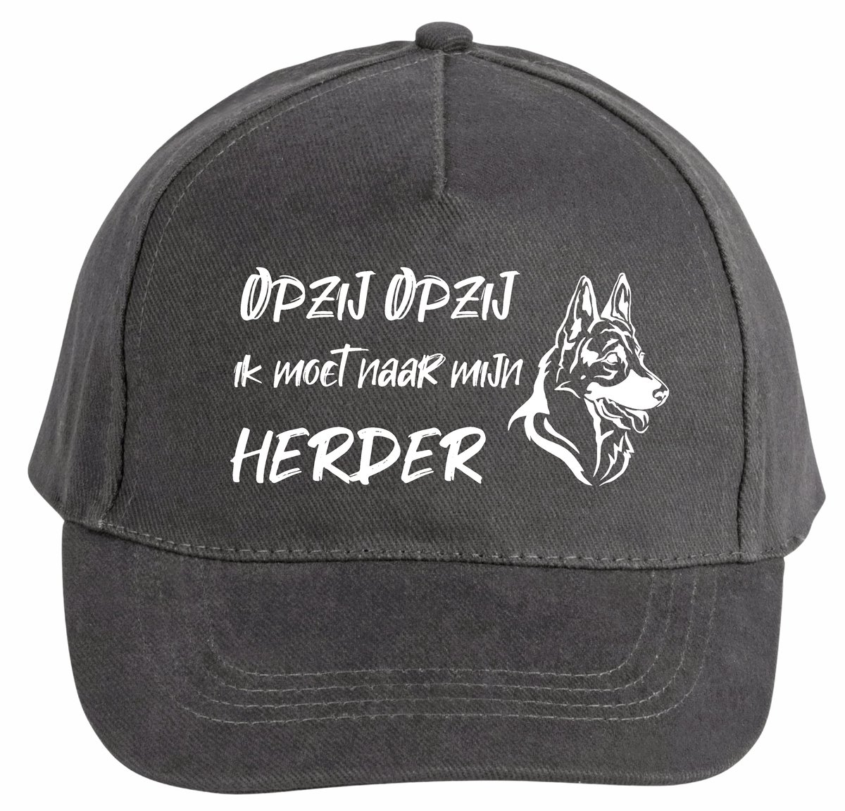 Mijncadeautje - 5 panel - Cap - Verstelbaar - Pet van 100% dik geborsteld katoen- unisex - opdruk wit - Opzij Opzij naar mijn Herder - chique grijs