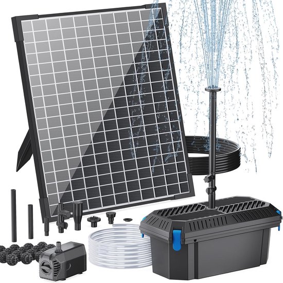 Biling 12W Vijverfilter Op Zonne-energie – Met 4 Sproeiers – Voor Vijvers Tot 800 Liter – Biologisch 3-traps Filter – Draadloos