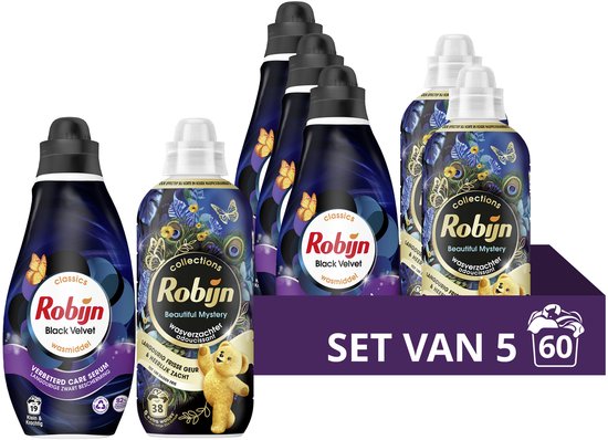 Robijn Perfect Match Wasmiddel en Wasverzachter Pakket - Black Velvet + Beautiful Mystery - 5 stuks - (60 Wasbeurten) - Voordeelverpakking