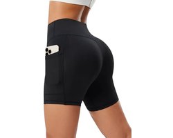 REBEL Short Hoge Taille Sportshorts - Met Zakken - Pocket Short - Compressie & Buikcontrole - Comfortabel & Aansluitend - Atletisch & Fitness - Diepe Zakken - Zwart - Maat S