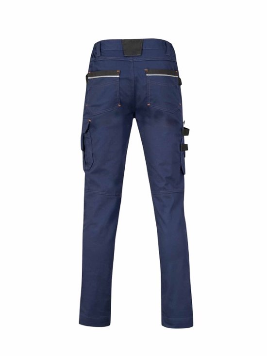 Arrière d'un pantalon de travail bleu marine avec genouillères noires et passepoils réfléchissants.