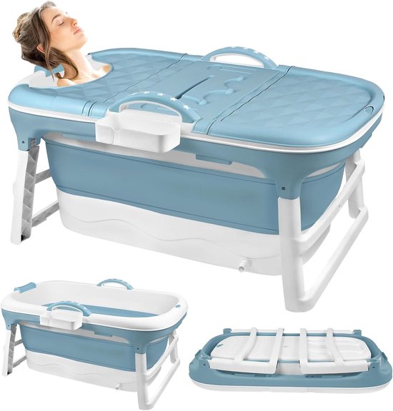 Opvouwbare badkuip voor volwassenen, 112 x 62 x 52 cm, mobiele badkuip opvouwbaar met afdekking, draagbare opvouwbare badkuip, zeepmand, massagerollen, ideaal voor kleine badkamers HMTM-1311