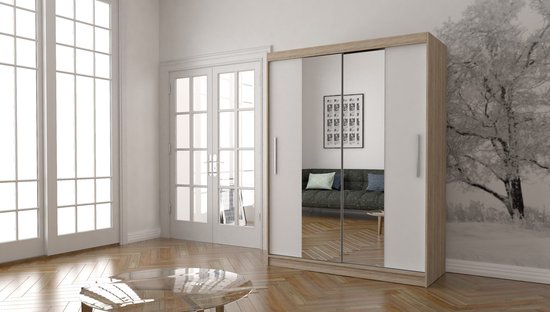 Schuifdeurkast LARA 01 – 2-deurs kledingkast met spiegel, legplanken en kledingroede – modern design – 150x200x61 cm - LARA 01 (Sonoma + Wit)