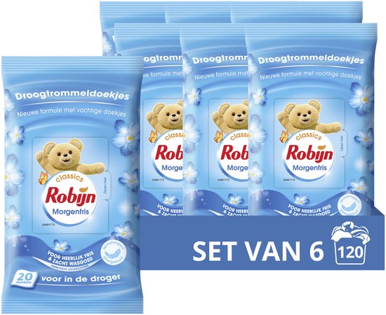 Robijn Classics Droogtrommeldoekjes - Morgenfris - beschermen kleuren en stoffen en helpen tegen statische kleding - 6 x 20 stuks