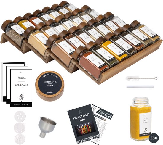 Organess Kruidenrek met 28 Kruidenpotjes - Kruidenrek Lade - Kruiden Organizer - Keukenlade organiser- Complete Set - 4 Stuks - Acacia