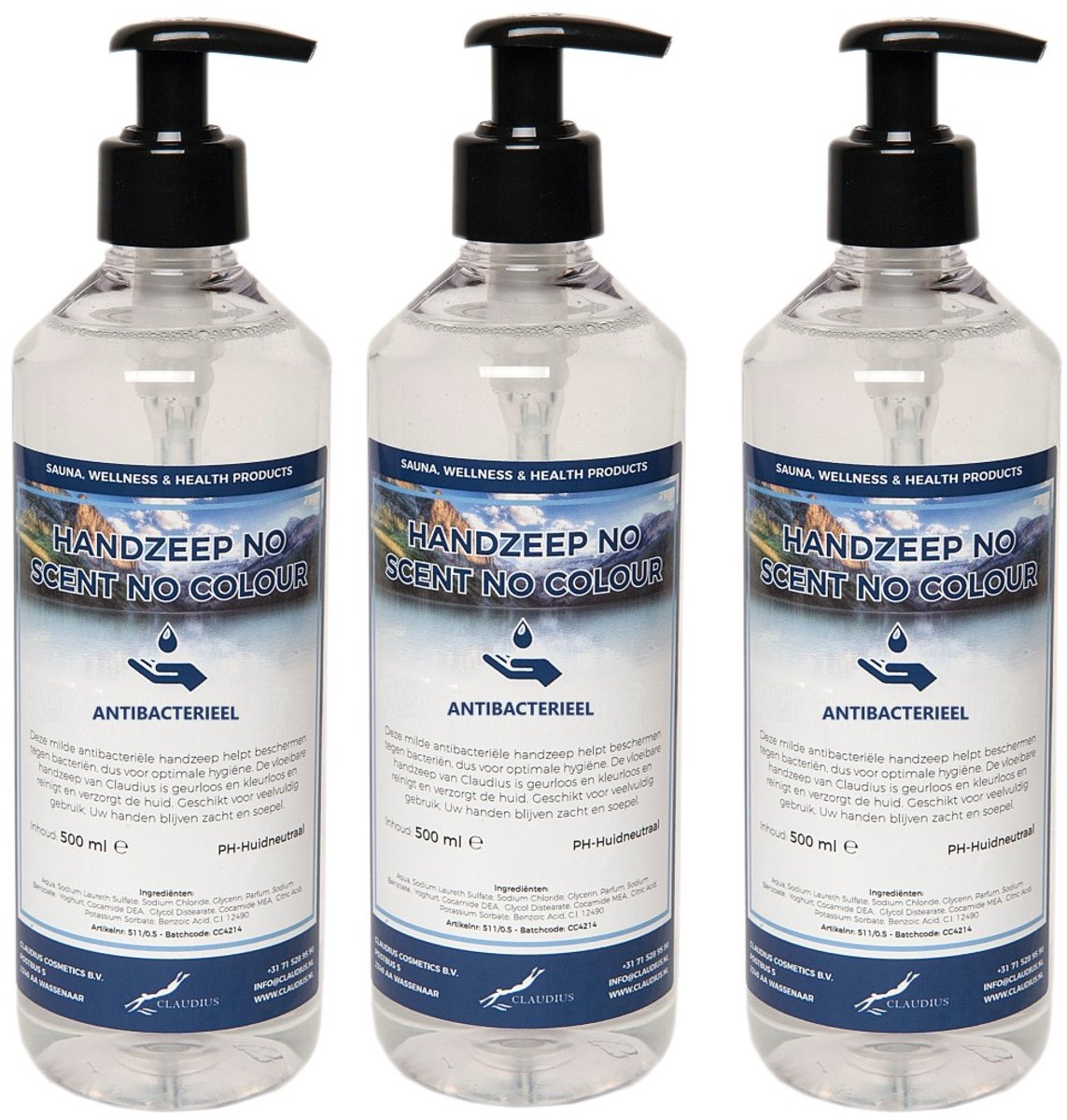 Handzeep No Scent, No Colour 500 ml - met gratis pompje - set van 3 stuks