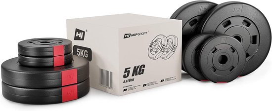 Zwarte halterschijven met rode markeringen, naast een kartonnen doos van 5 kg.