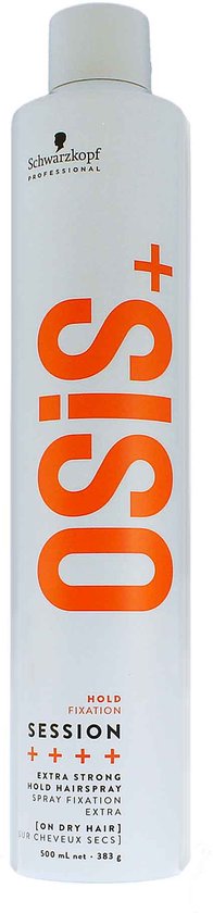 Schwarzkopf OSiS+ Session Extra Strong Hold Hairspray in witte spuitbus met rode letters.