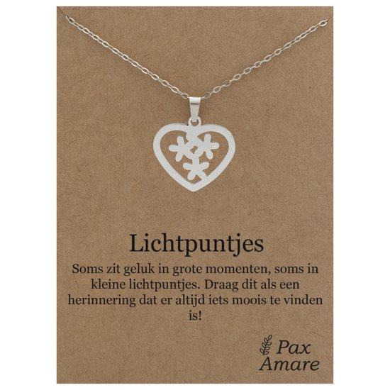 Stainless Steel Hartje met Bloemetjes ketting op Cadeau Kaartje - Lichtpuntjes - 45cm Zilverkleurig Roestvrij Staal - Pax Amare