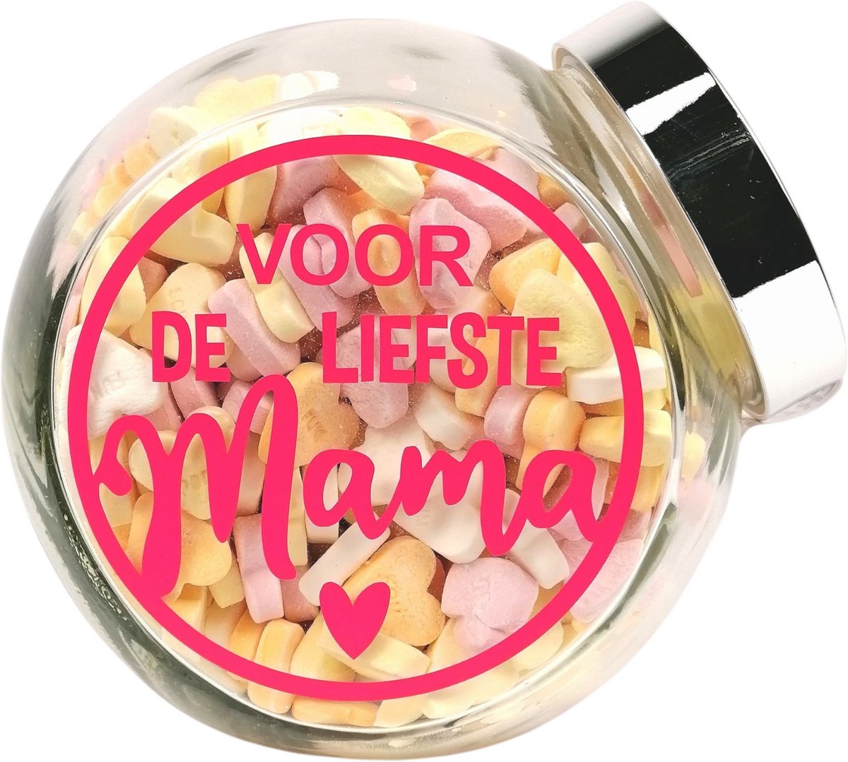 Moederdag cadeautje - Snoeppot "voor de liefste mama", gevuld met vruchtenhartjes - liefde - moederdag
