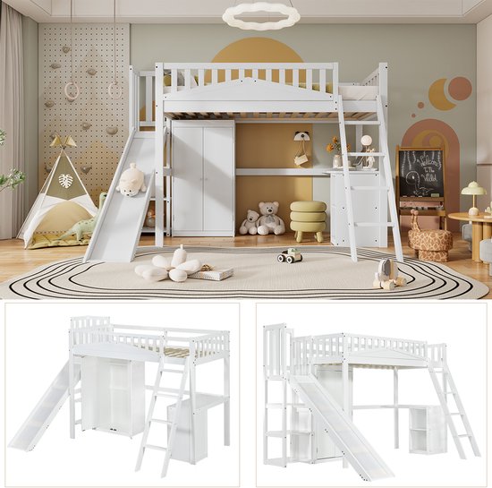 Lit mezzanine Sweiko - 90x200 cm - avec table + armoire + toboggan - Pin + MDF - Wit