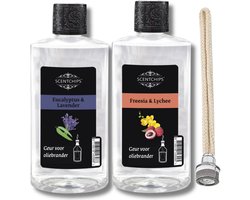 Scentchips Eucalyptus lavendel + Freesia lychee + Lont - Geurolie Voor Oliebrander Set van 2 - Inclusief Geurlont - Parfum Olie - Geurolie Voor Lampenolie - Geurlamp Olie - 475ml x 2
