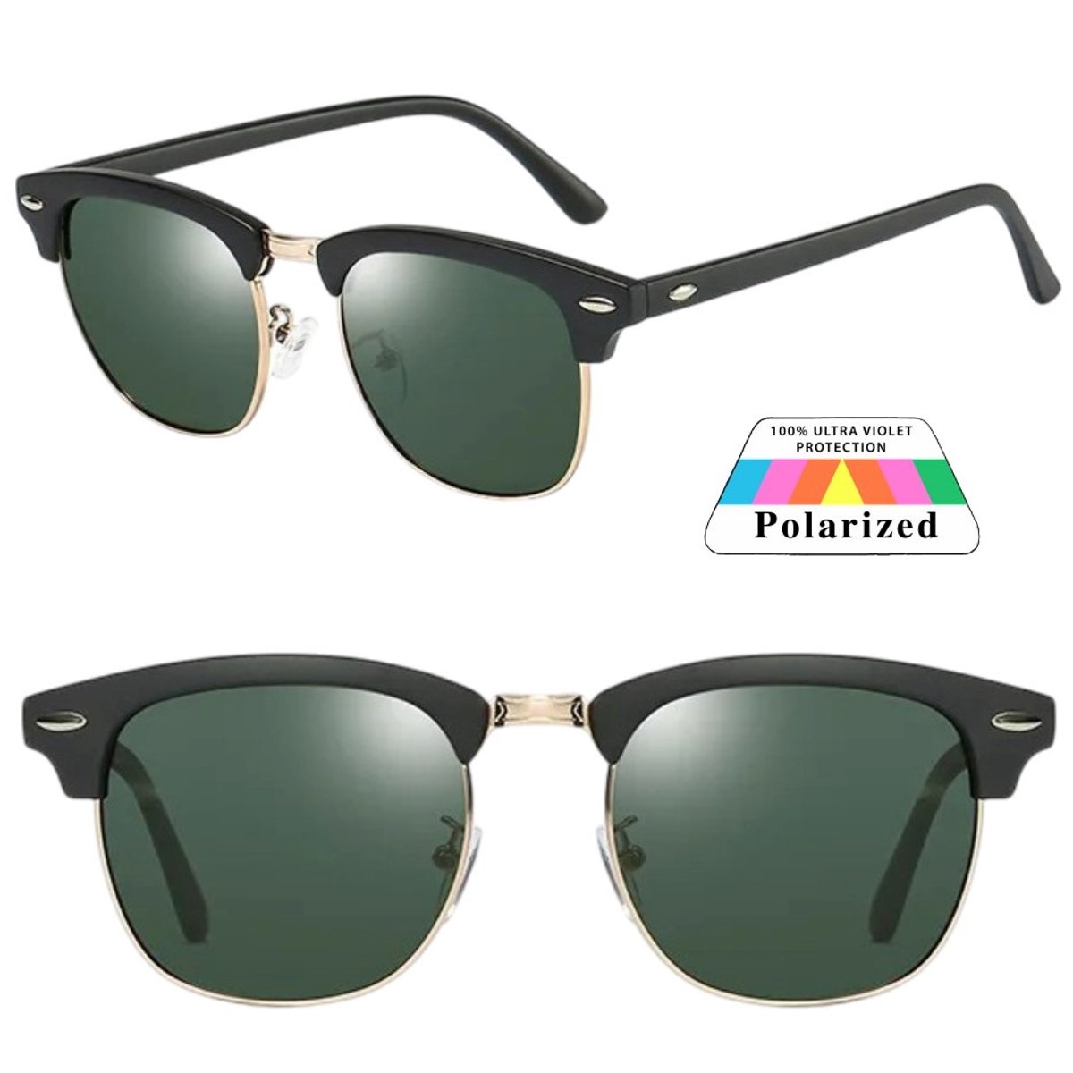 Fako Sunglasses® - Club Style Zonnebril - Polariserend - Dames - Heren - Mat Zwart/Goud - Donkergroen