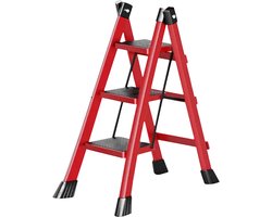 FOXSPORT Huishoudtrap 3 treden - Keukentrap Inklapbaar - Rood - Antislip - Max. Werkhoogte 257cm