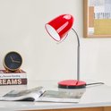 Een rode bureaulamp met een verstelbare metalen zwanenhals en een ronde voet.