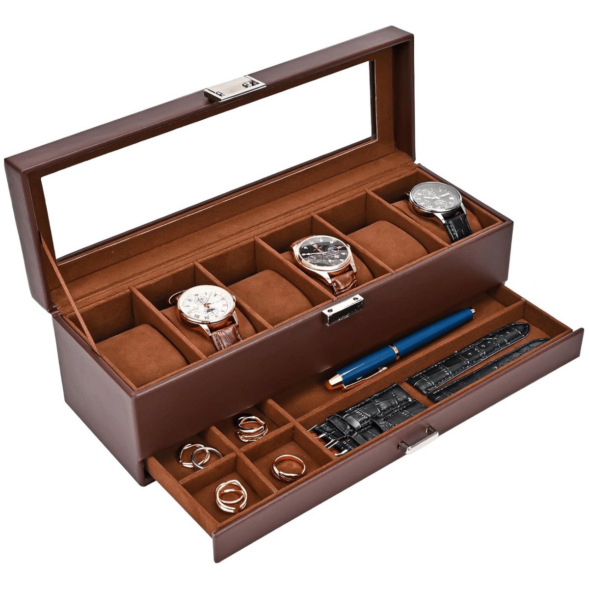 Horlogebox - Bruin Leer Espresso - Horlogebox met lade - 6 horloges - Horlogedoos glas - Dubbellaags - Horlogedoos
