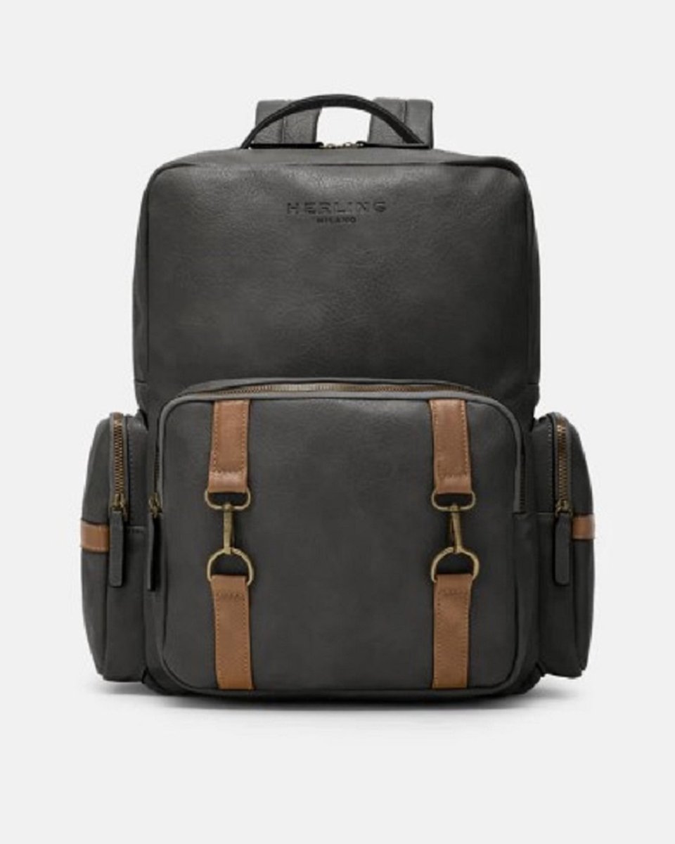 Herling - Rugzak - Reizen - Wandelen - School - Vesper - Uniseks - Vintage stijl - Antraciet grijs/Koffie bruin - Hoogwaardig Pu leder