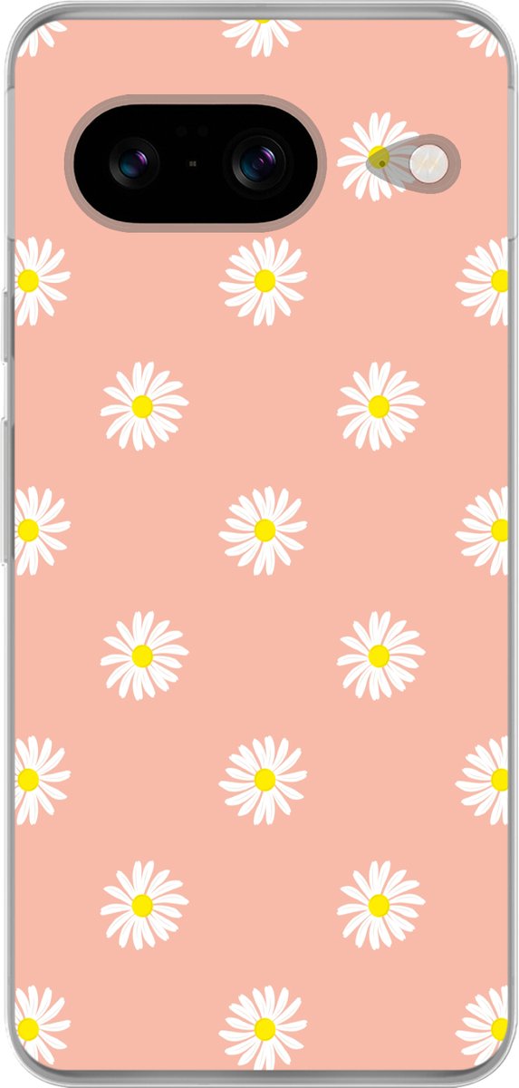 Telefoonhoesje Geschikt voor Google Pixel 8 hoesje - Madeliefjes - Pastel - Wit - Roze - Bloemen print - Siliconen Telefoonhoesje Telefoonhoesje