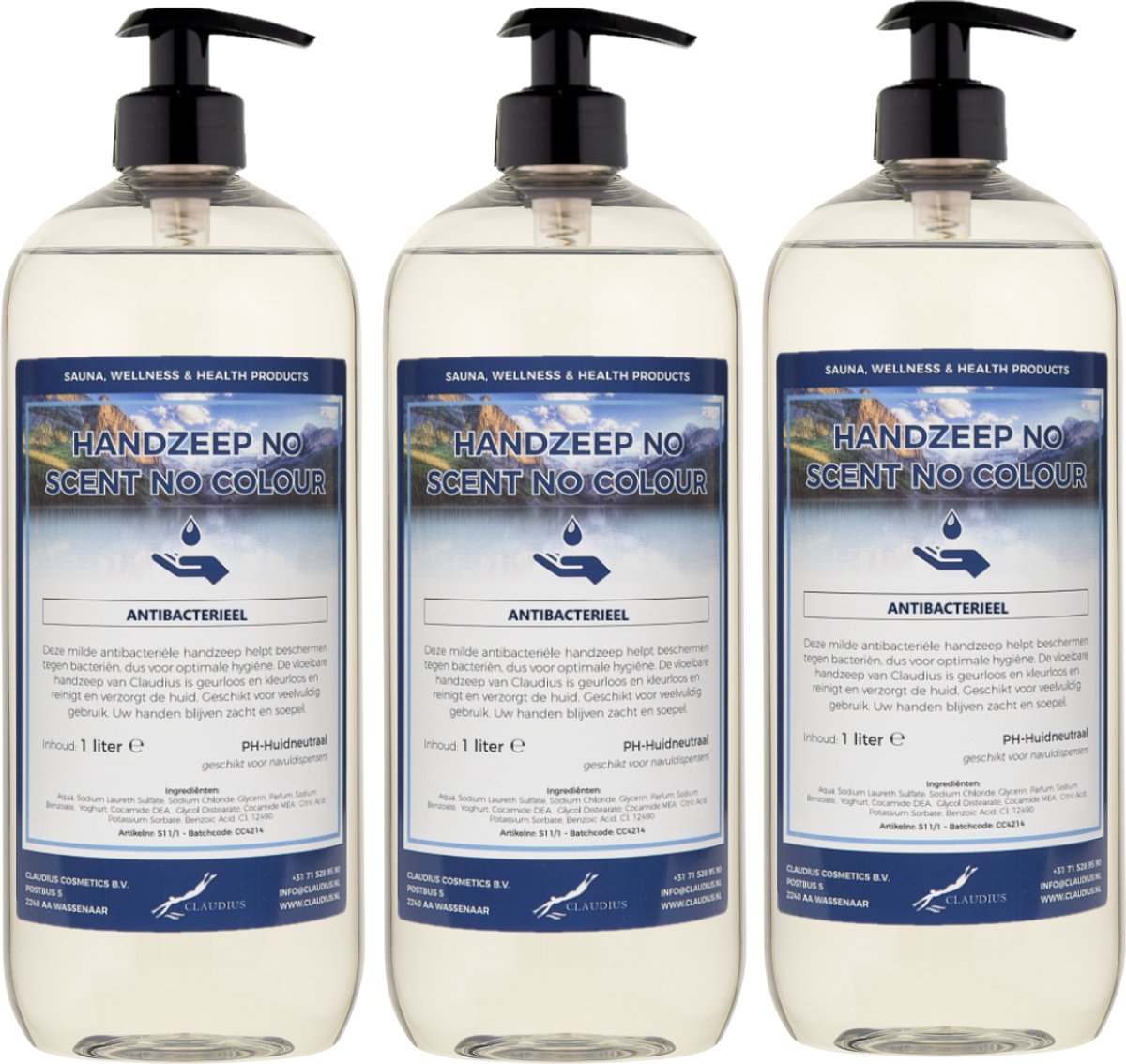 Handzeep No Scent, No Colour 1 liter - met gratis pomp - set van 3 stuks