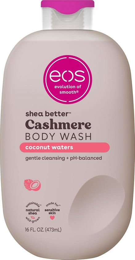 eos Shea Better Cashmere Body Wash, kokoswater, met 'sustainable natural shea wild-grown' en 'made for sensitive skin' logo's.