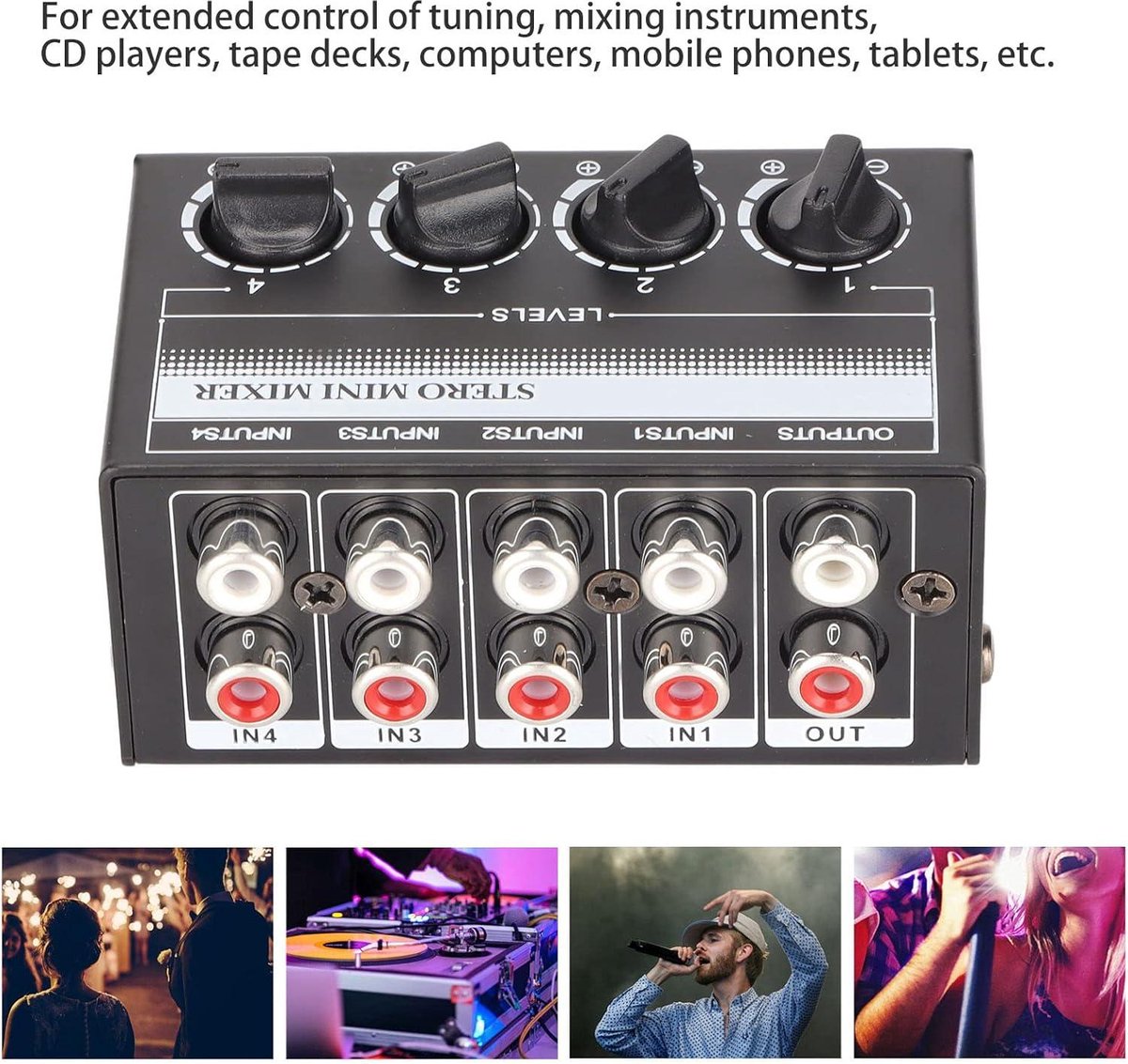 Mengpaneel 4-kanaals stereo live mengpaneel, audio mixer studio mixer muziek mixer, DJ mixer board karaoke mengpaneel audio interface met Bluetooth MP3 48V fantoomvoeding FX analoge digitale effecten