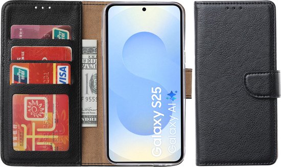 BixB Hoesje Geschikt voor Samsung Galaxy S25 – portemonnee bookcase met pasjeshouder - Zwart