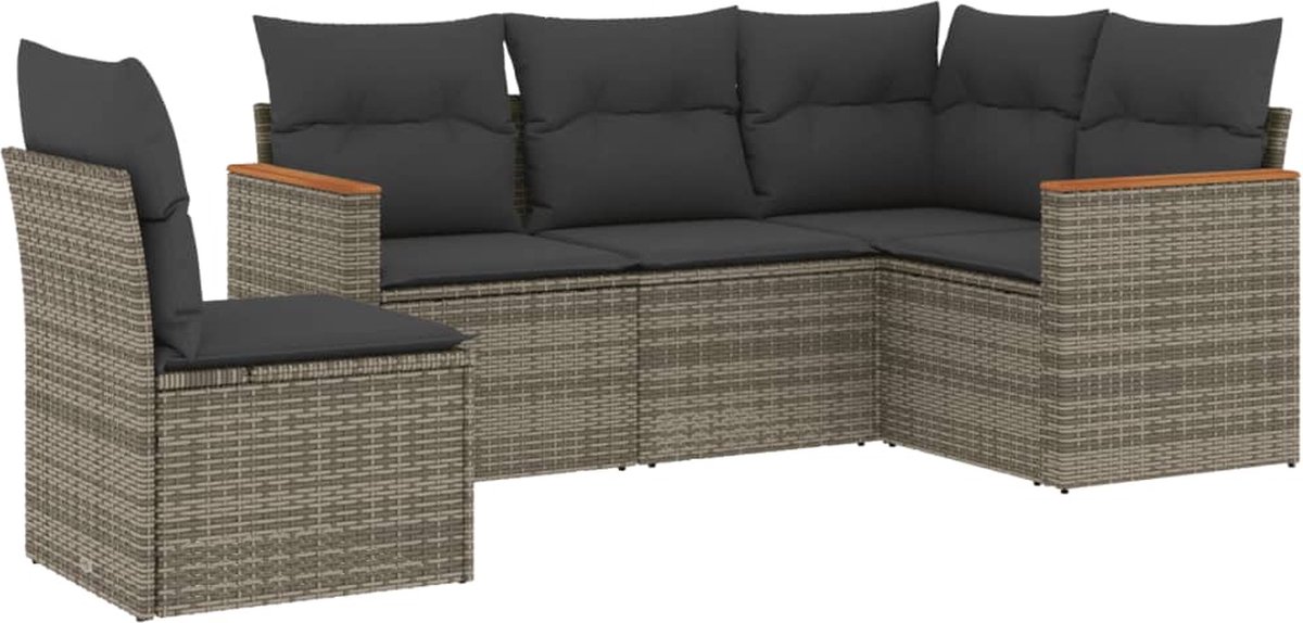 The Living Store 5-delige Loungeset met kussens poly rattan grijs - Loungeset - Tuinset - Lounge Set - Buitendecoratie - Outdoor Furniture