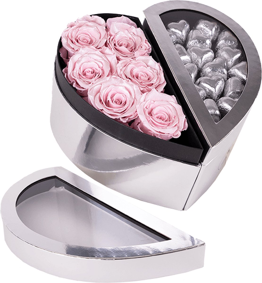Chocolade Box Lois Lichtroze – Rosuz - Luxe Geschenkdoos voor Haar met Echte Rozen en Romantische Chocoladehartjes - Valentijn