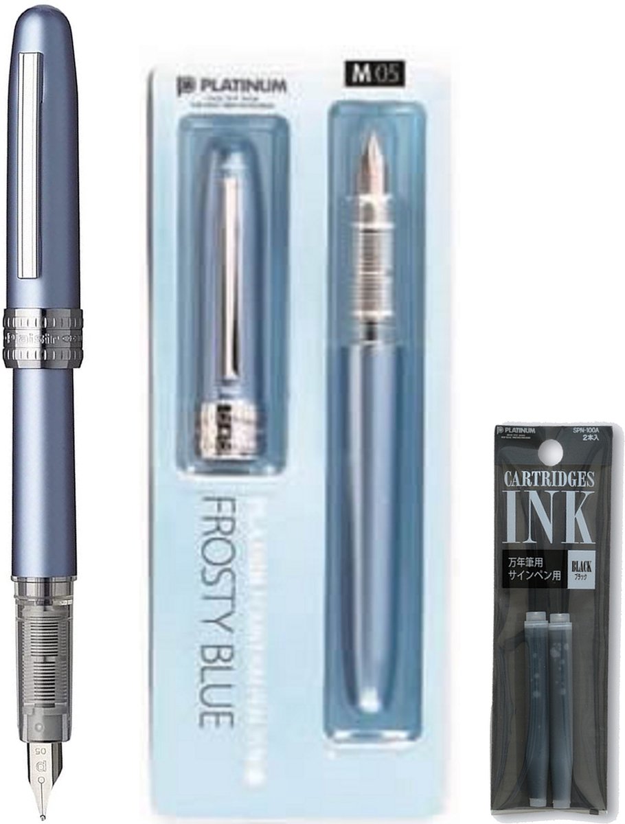 Platinum Japan - Plaisir Fountain Pen - Medium - Vulpen - FrostyBlue - penpunt: Medium 05 - Met extra vullingen Zwart