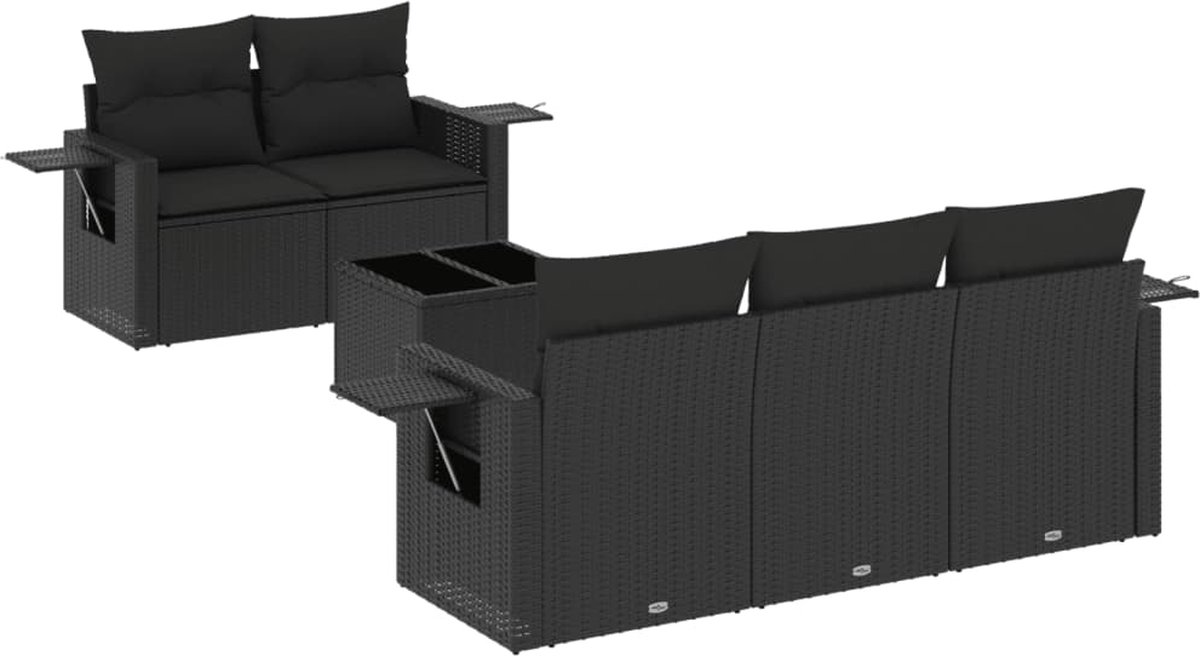 The Living Store 6-delige Loungeset met kussens poly rattan zwart - Loungebank - Lounge Set - Tuinmeubelen - Buitendecoratie - Tuinstoelen