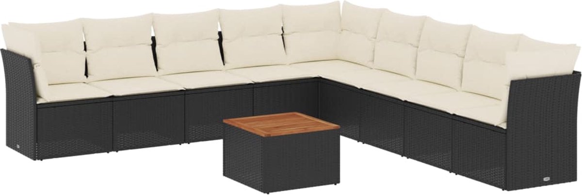 The Living Store 10-delige Loungeset met kussens poly rattan zwart - Loungeset - Lounge Set - Buitendecoratie - Tuinmeubels - Loungebank