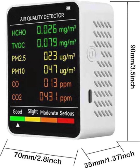 Rilevatore Aria 6 In 1, Misura PM2.5, PM10, TVOC, Temperatura E Umidità, Con Display A 4 Colori E Allarme, USB-C, Batteria 1200mAh