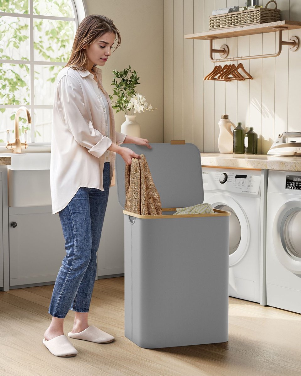 Goedkoopste Dove Grey Wasmand - Kledingmand - Opbergbak - 600D Oxford Doek - Bamboe - Glasvezelstaven - Lichtgewicht - Duurzaam - Draagbaar - 52 cm x 38,5 cm x 70,5 cm