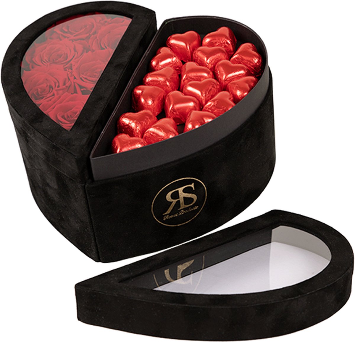 Chocolade box Mary J rood - Ruim assortiment aan Luxe & Handgemaakte cadeaus - Verras op een speciale manier - 2 jaar houdbare rozen!