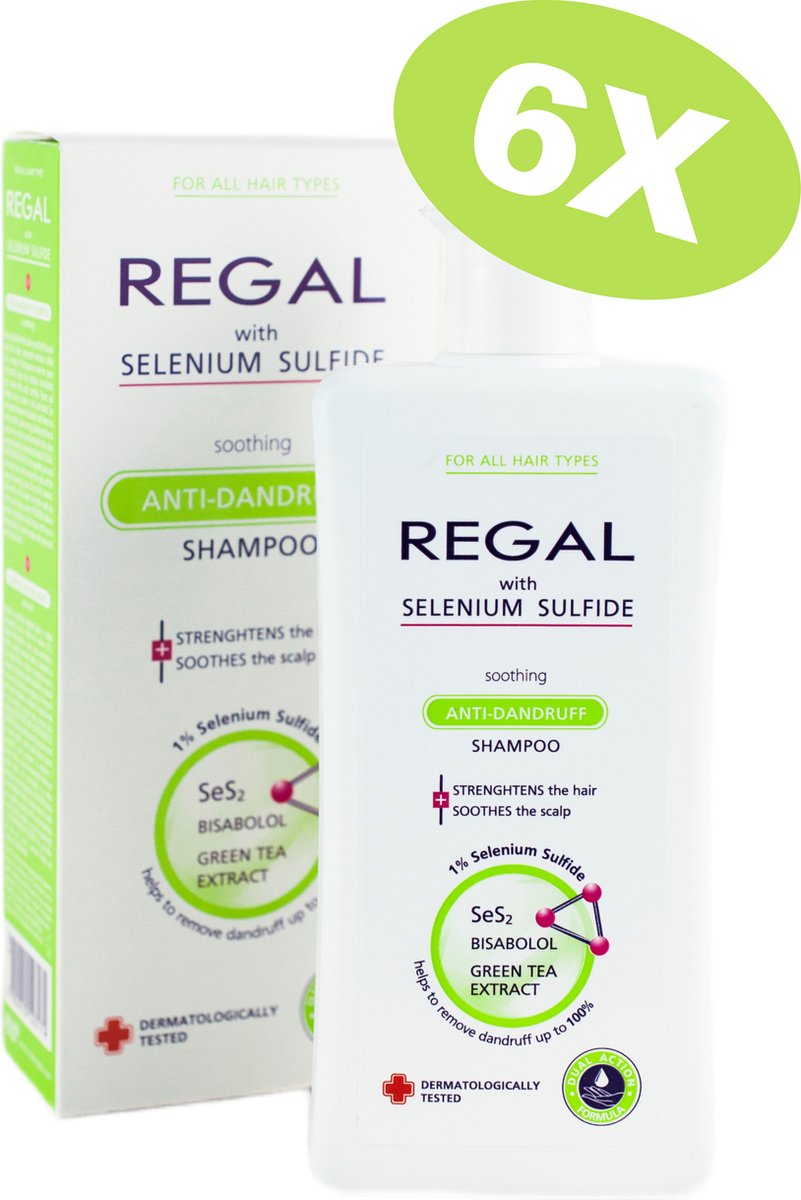 Regal Anti Roos Selenium Sulfide Shampoo Voordeelverpakking 6 Stuks – Alle Haartypes – met Bisabolol & Groene Thee-extract – 6 x 200ml