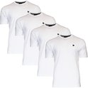 Vier witte Donnay t-shirts met zwart logo op de borst en arm, op witte achtergrond.