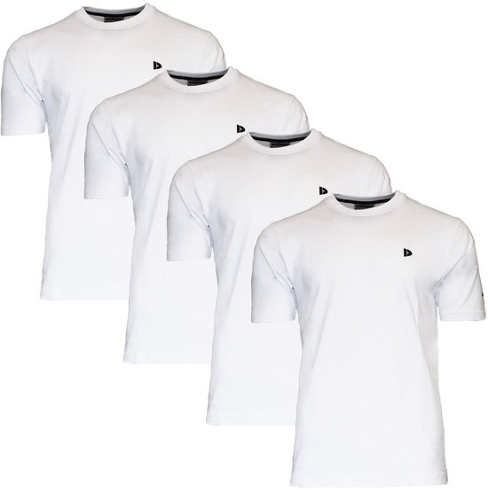 Vier witte Donnay t-shirts met zwart logo op de borst en arm, op witte achtergrond.